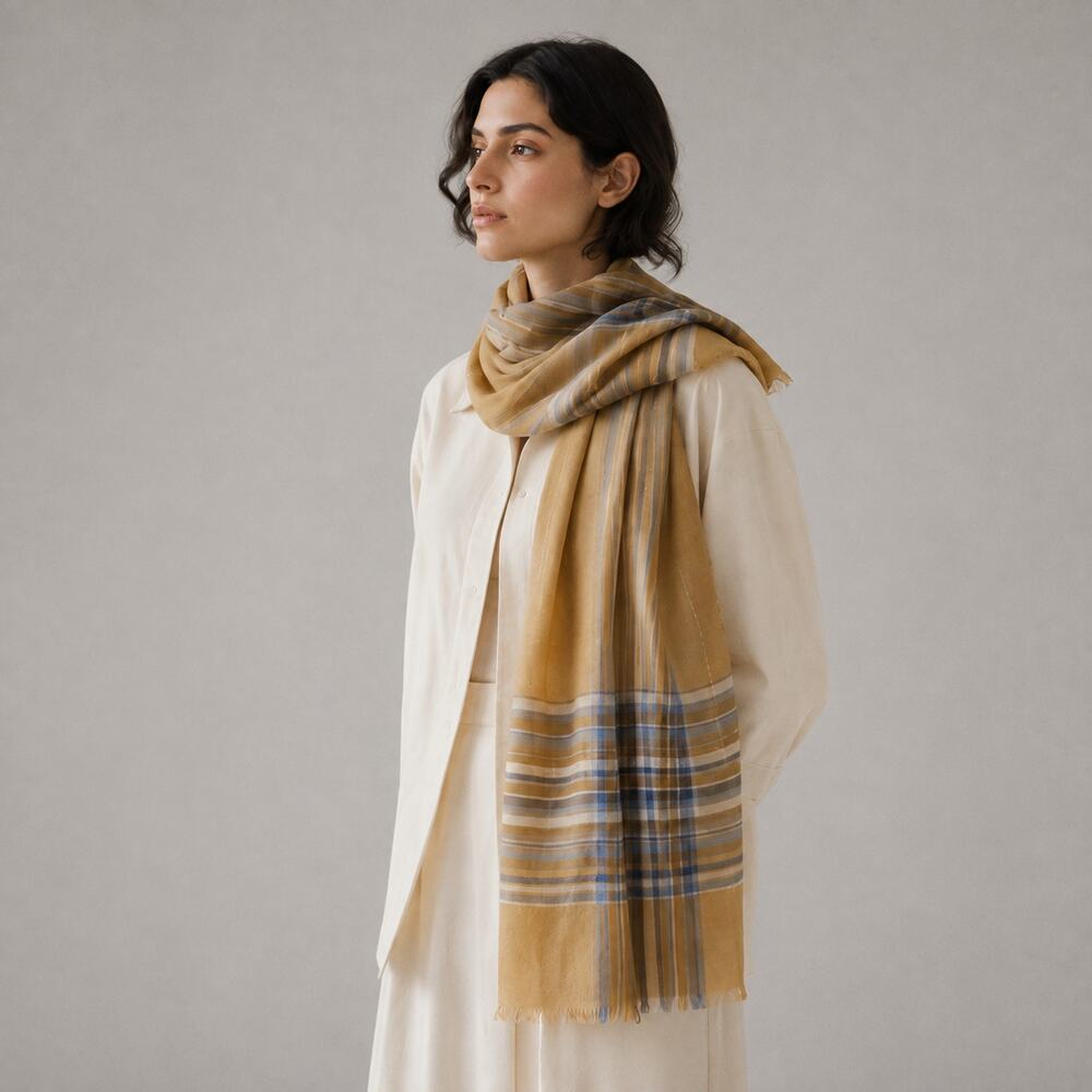 Loro Piana Cashmere Silk Plaid Rectangle Scarf Yellow Striped Lightweight Fringe